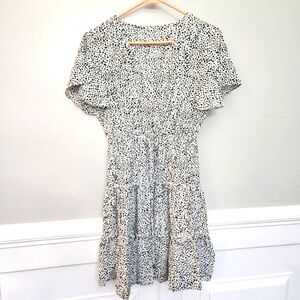 Black / White V Neck Flared Sleeve High Waist Ruffle Hem Drawstring Dress